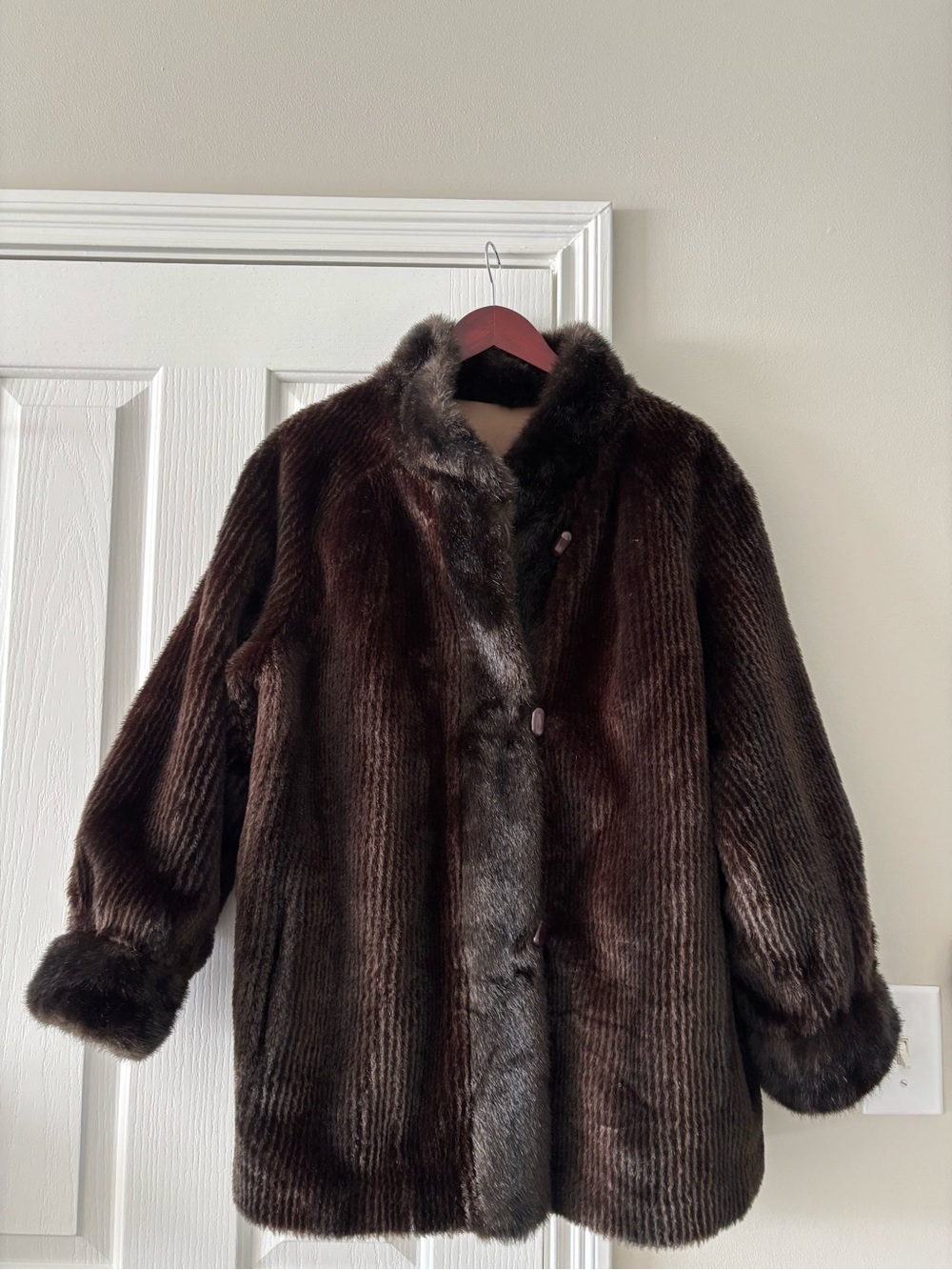 Brown Faux Fur Coat - Women's Jacket coat L 14 reversible